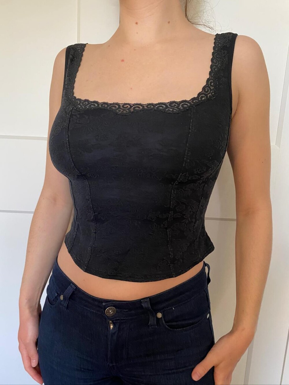 Vintage Arianne Brocade Stretchy Black Floral Lace Square-Neck Camisole Bustier